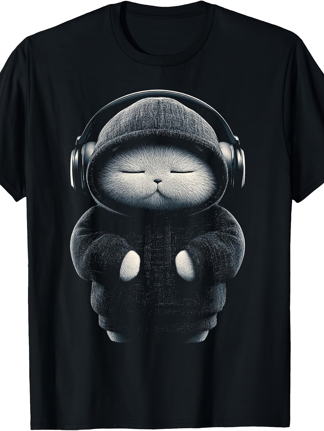 Retro Scottish Fold Cat T-Shirt with Headphone & Scottish Fold Cat - Suitable for Cat Owners, Casual Round Neck Tee, Machine Washable Apparel for Year-Round Wear, Gift for Cat Lovers