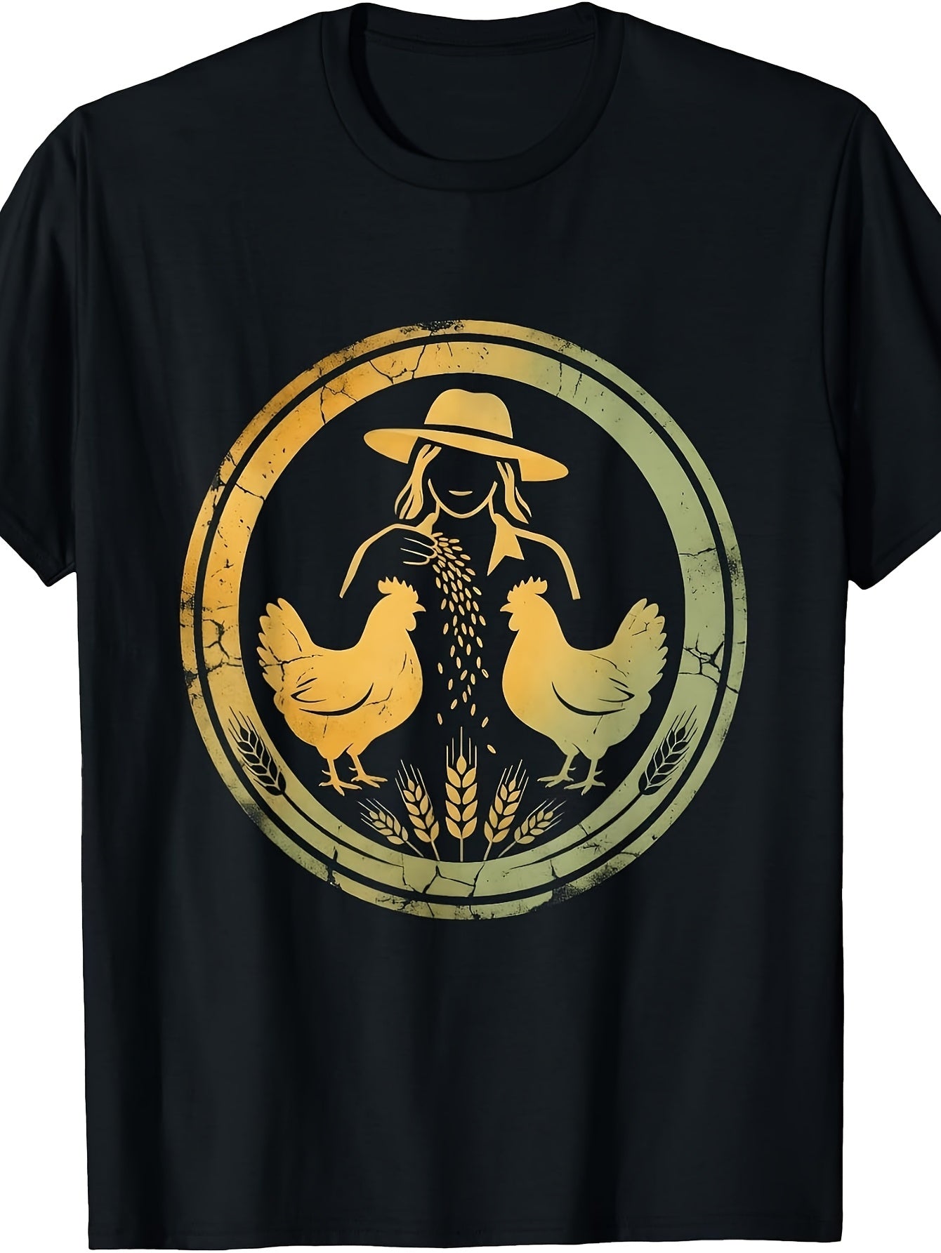 Vintage Retro Style, Men'S And Women'S T-Shirt, Farmer Feeding Chickens with Wheat Grains Circular Design, Farm Life Homesteading Spring Summer Outdoor Wear