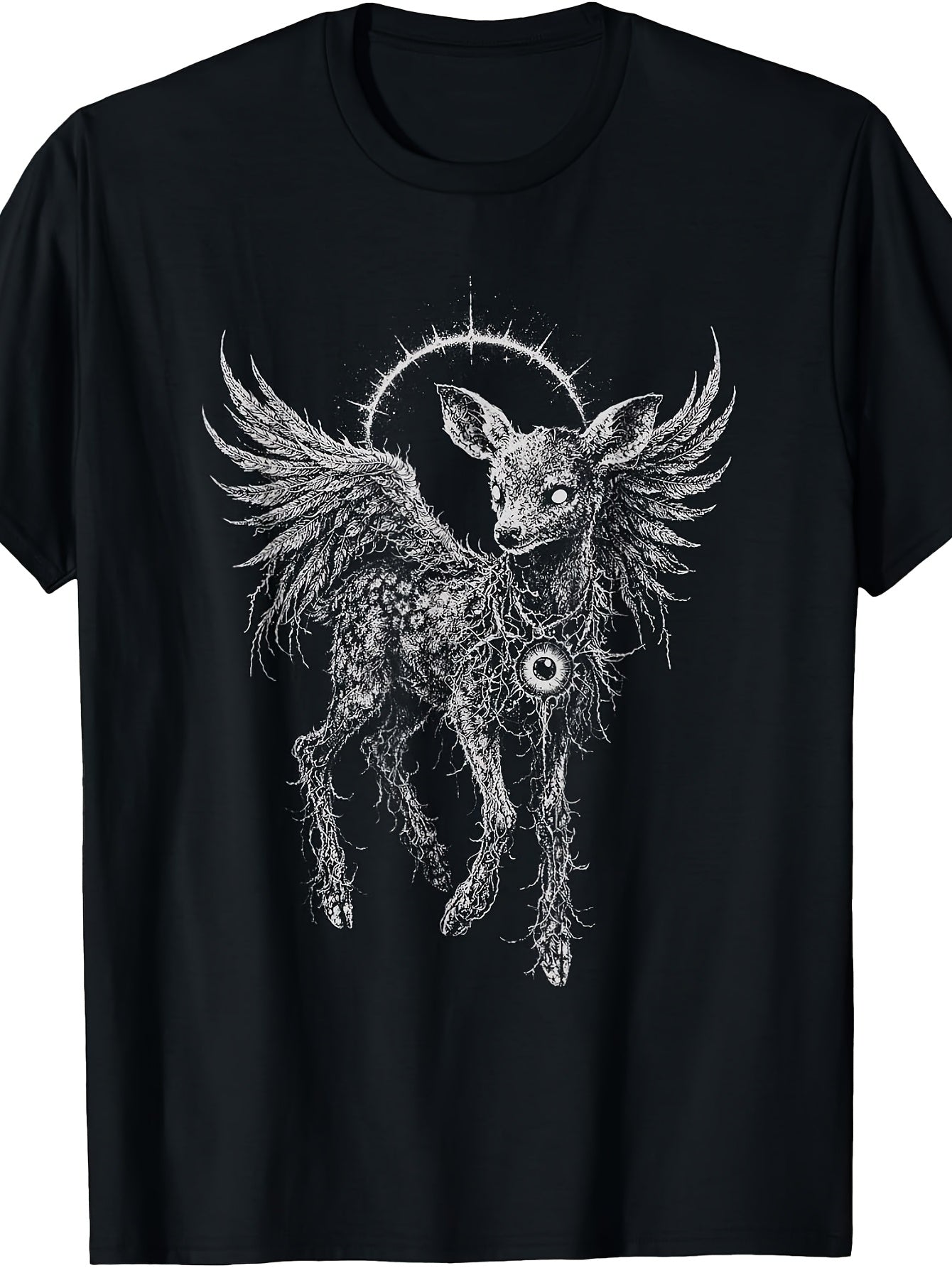 Gothic Deer Fawn Angel T-Shirt - Retro Suitable for Goth Aesthetic with Esoteric Wings & Alt, Machine Washable Round Neck Tee for Year-Round Wear, Casual Gothic Outfits for