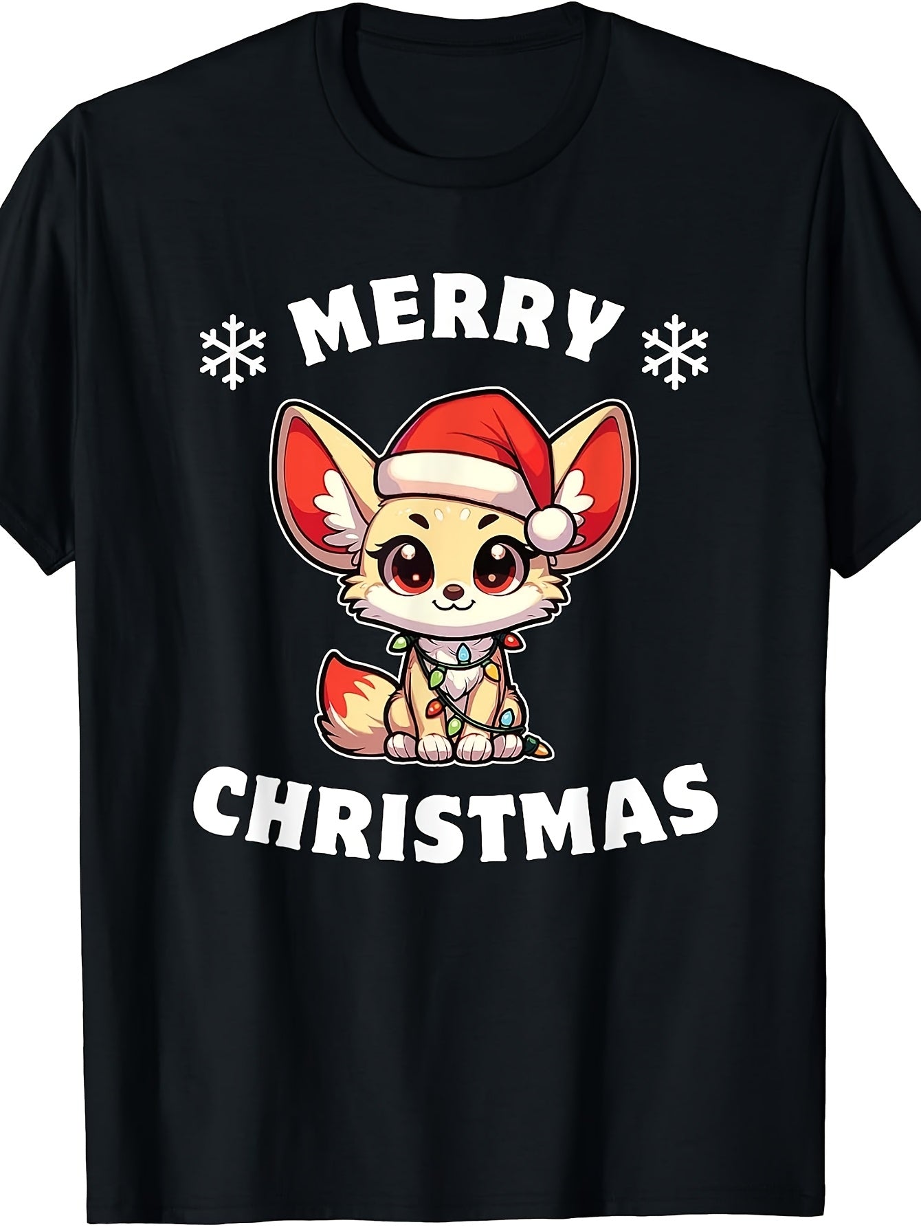 Retro Fennec Fox T-Shirt with Santa Hat & Fairy Lights - Casual Round Neck Tee, Machine Washable Suitable for Christmas, Themed Parties, Casual Attire - - Comfortable Apparel