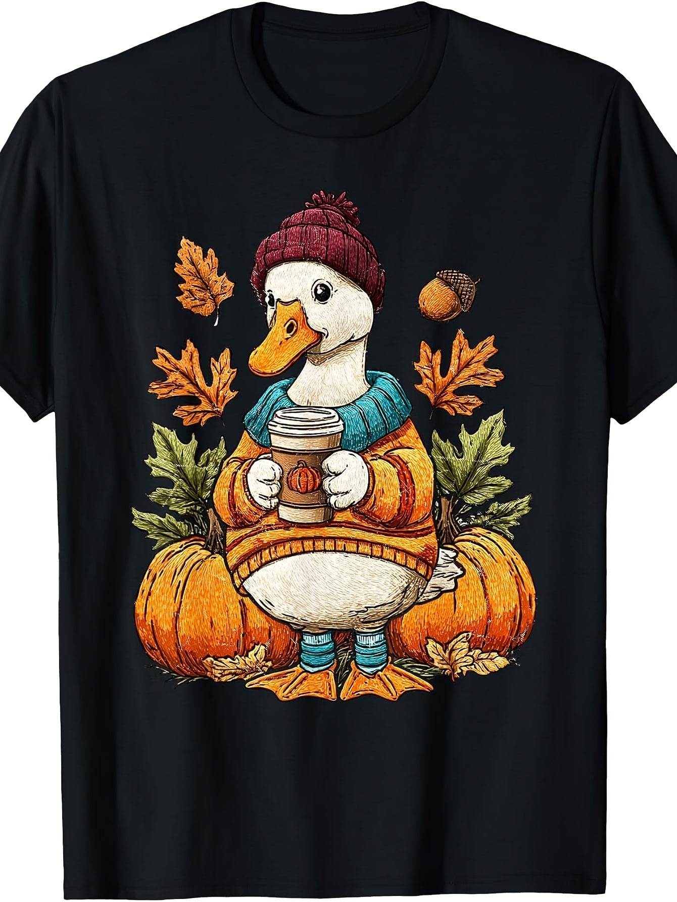 Cute Autumn Duck with Coffee And Pumpkins, Men'S And Women'S T-Shirt, Fall Season Casual Wear