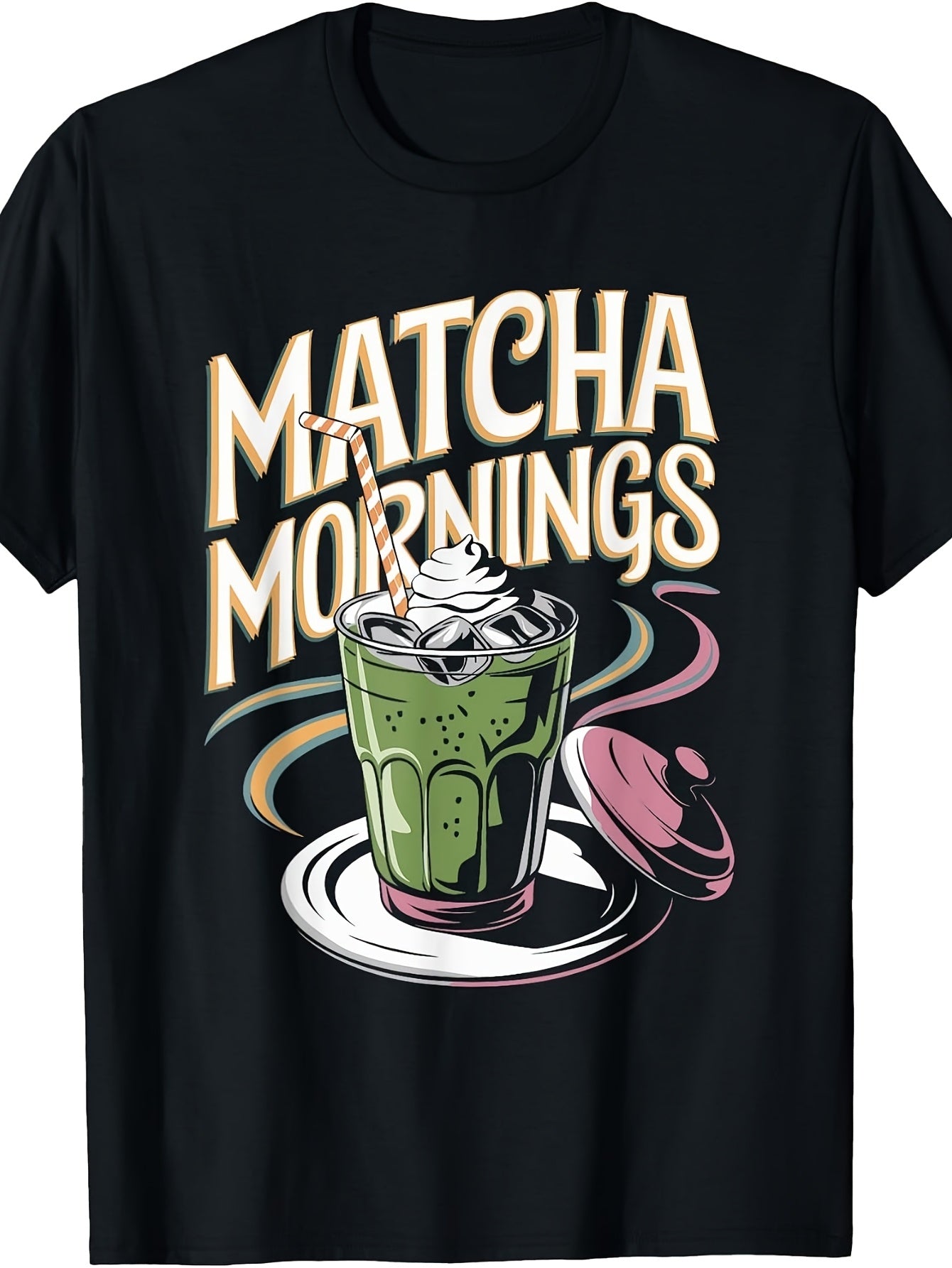 Men'S And Women'S T-Shirt, Retro Vintage Style, Matcha Mornings Iced Green Tea with Whipped Cream And Straw Graphic, Summer Spring Casual Daily Wear Coffee Lover Gift