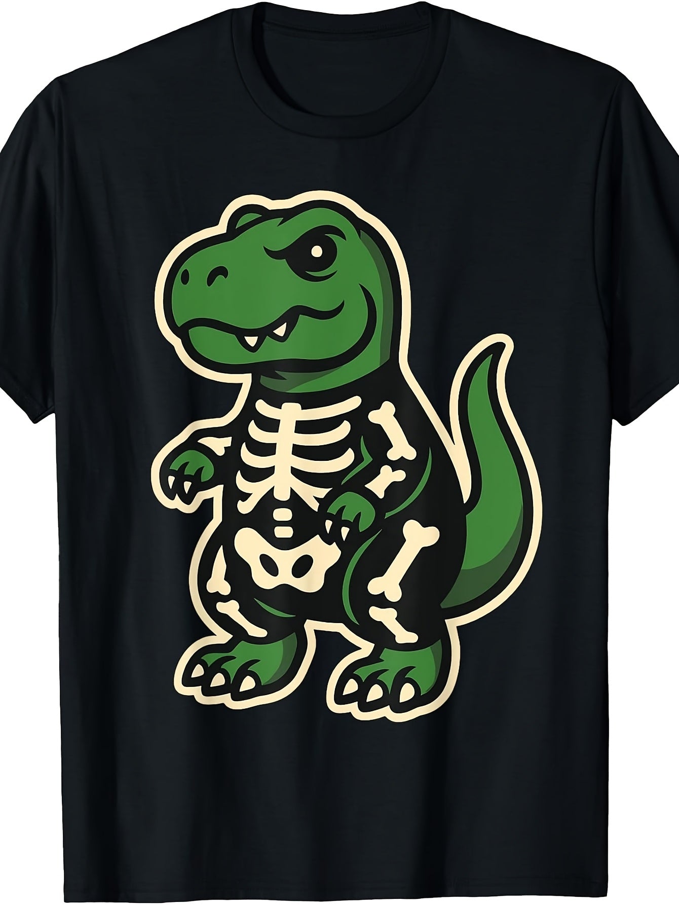 Cute Cartoon Style, Men's And Women's T-Shirt, Green Dinosaur with Skeleton Pattern, Casual Daily Wear Summer Season
