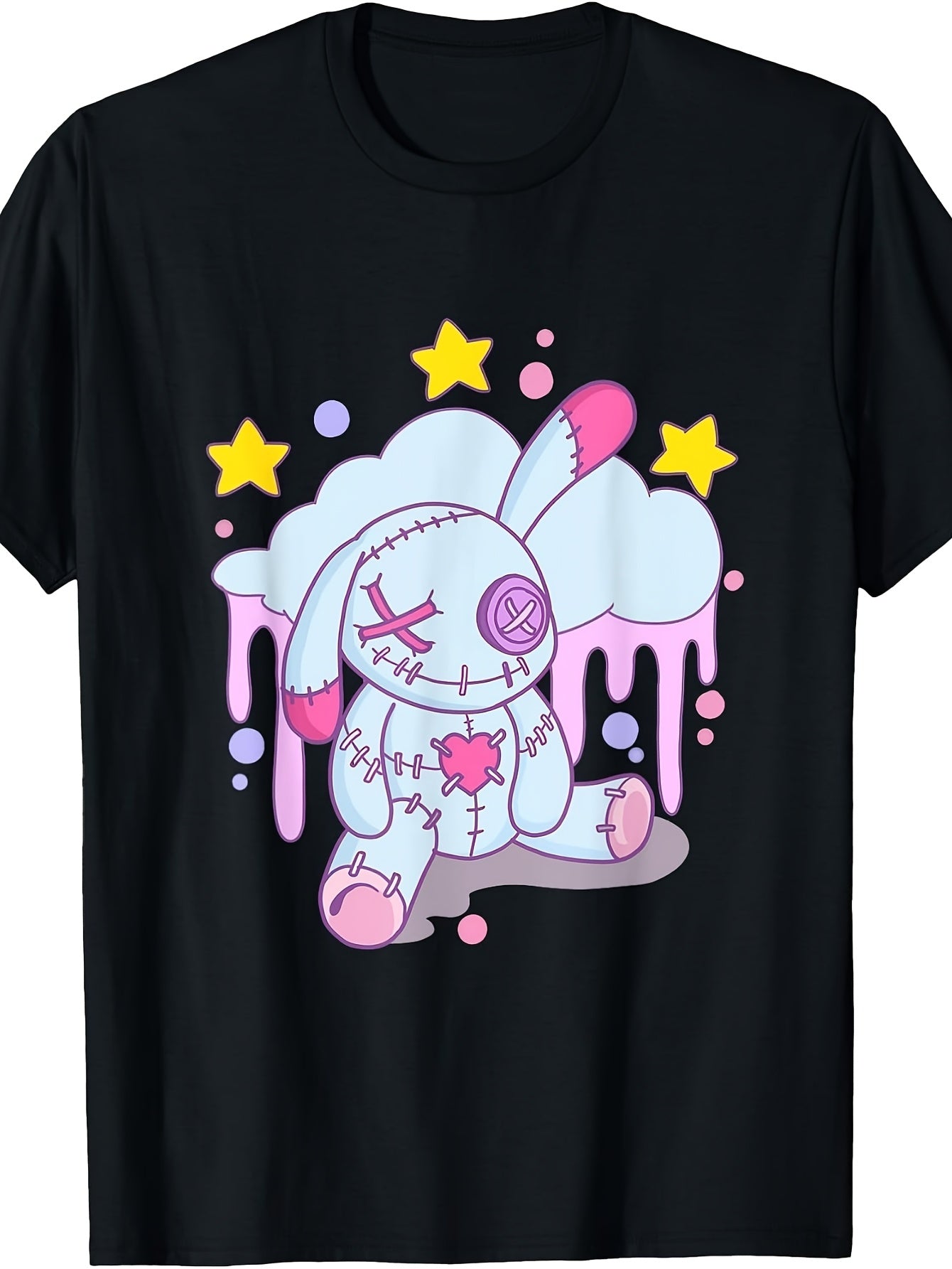 Kawaii Pastel Goth Style, Men'S And Women'S T-Shirt, Cute Stitched Bunny with Stars And Melting Clouds Design, Casual Wear Summer Spring