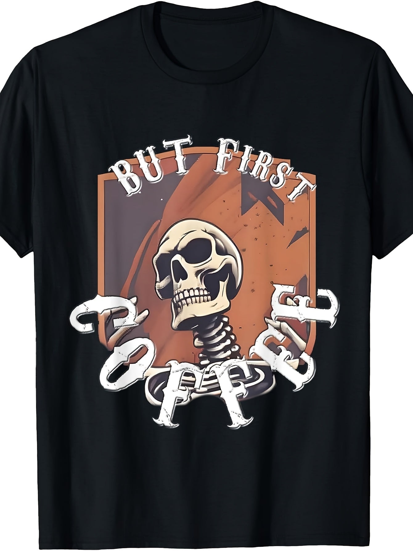 Men'S And Women'S T-Shirt, Gothic Skull Design, But Coffee Text, Casual Daily Wear, Summer Spring Autumn