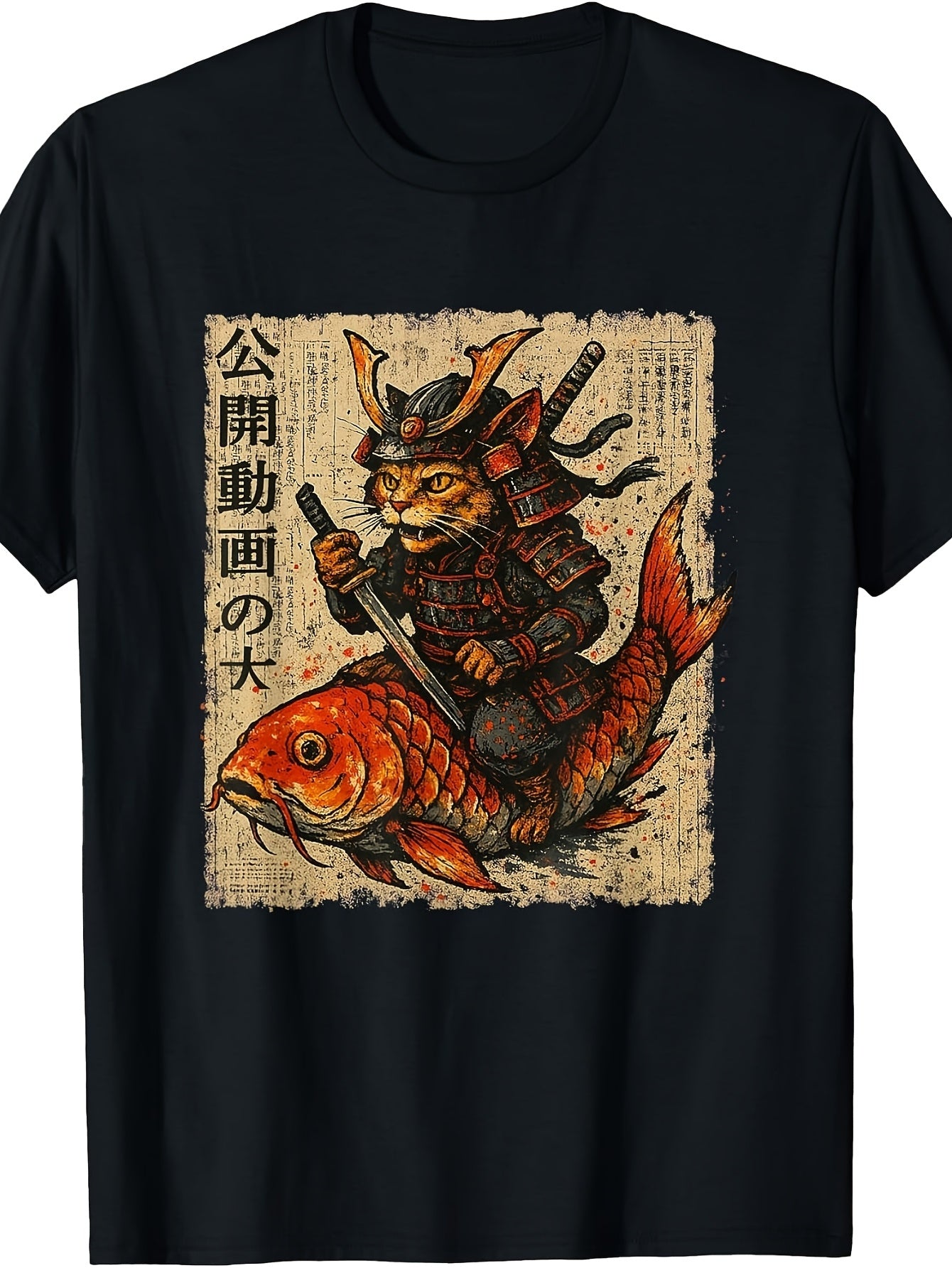 Vintage Japanese Samurai Cat Riding Koi Fish T-Shirt - Retro Anime Round Neck Tee Suitable for - Wear, Casual & Themed Outfits, Machine Washable Apparel with Samurai Feline Koi Rider