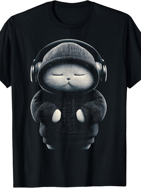 Retro Scottish Fold Cat T-Shirt with Headphone & Scottish Fold Cat - Suitable for Cat Owners, Casual Round Neck Tee, Machine Washable Apparel for Year-Round Wear, Gift for Cat Lovers