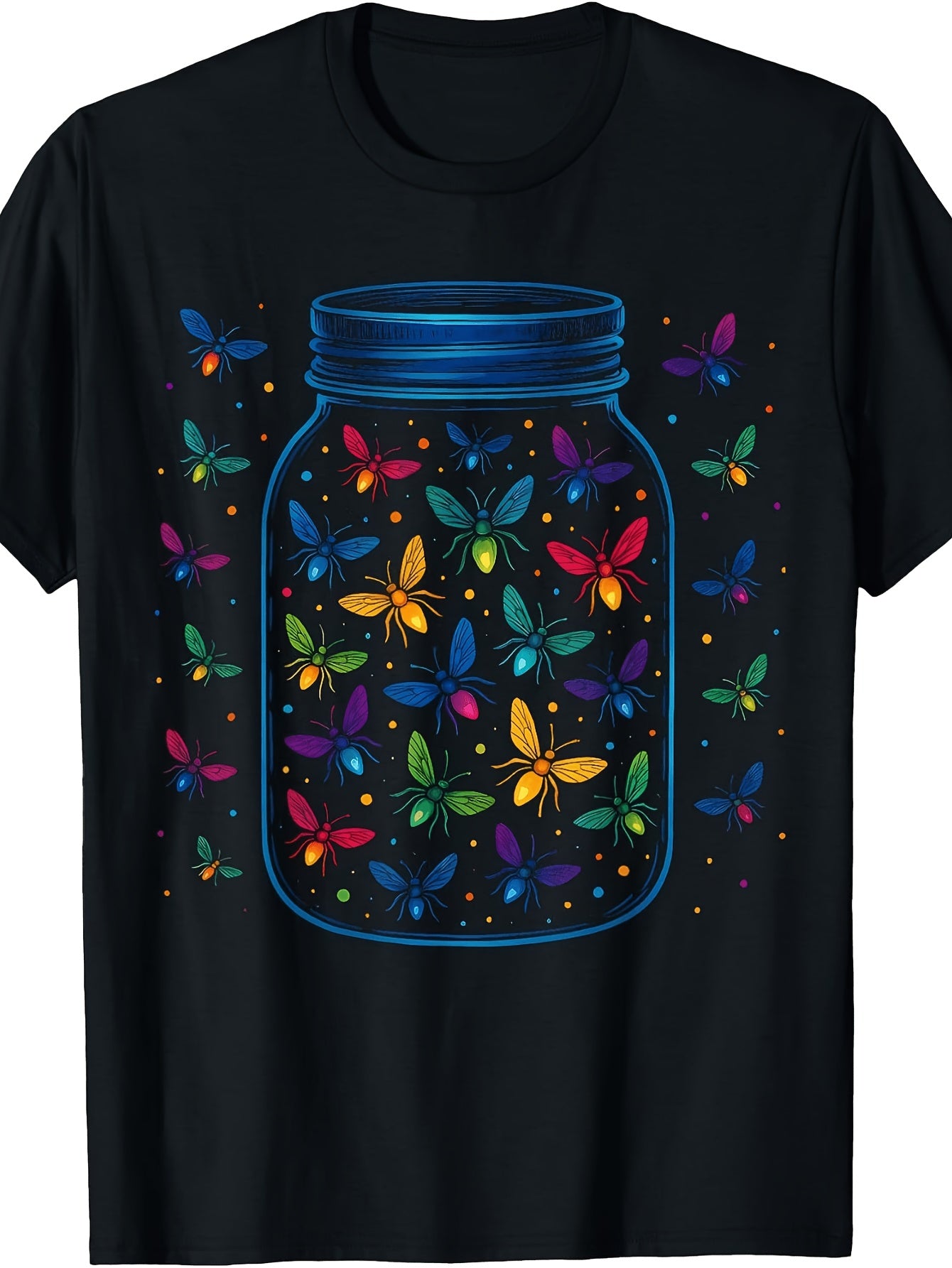 Men'S And Women'S T-Shirt, Colorful Fireflies in a Jar Design, Summer Night Outdoor Casual Wear