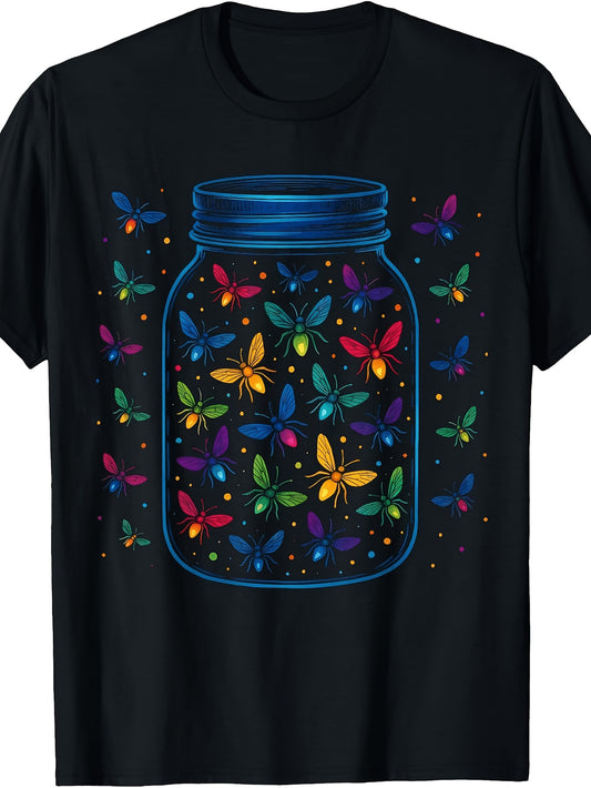 Men'S And Women'S T-Shirt, Colorful Fireflies in a Jar Design, Summer Night Outdoor Casual Wear