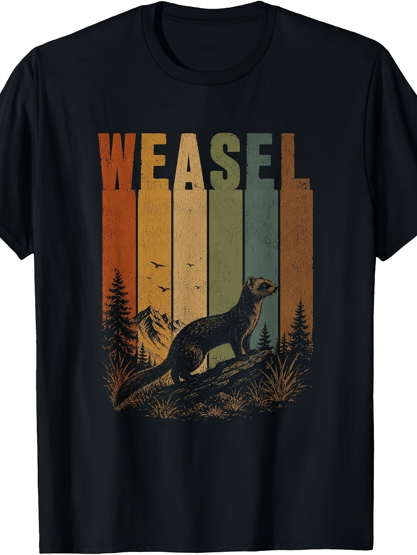 Vintage Retro Style, Men's And Women's T-Shirt, Weasel Mountain Nature Graphic, Outdoor Casual Summer Wear