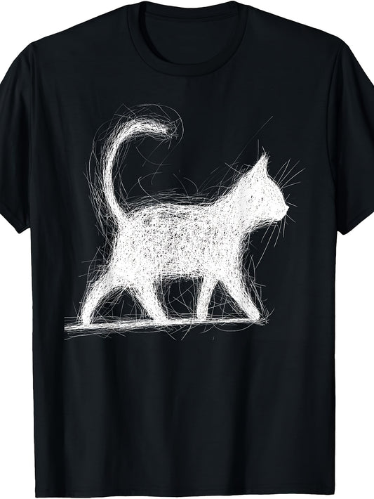 Artistic Sketch Style, Men'S And Women'S T-Shirt, White Scribble Cat Design, Casual Daily Wear Spring Summer