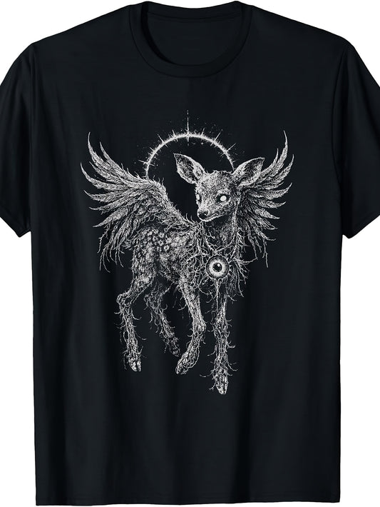 Gothic Deer Fawn Angel T-Shirt - Retro Suitable for Goth Aesthetic with Esoteric Wings & Alt, Machine Washable Round Neck Tee for Year-Round Wear, Casual Gothic Outfits for