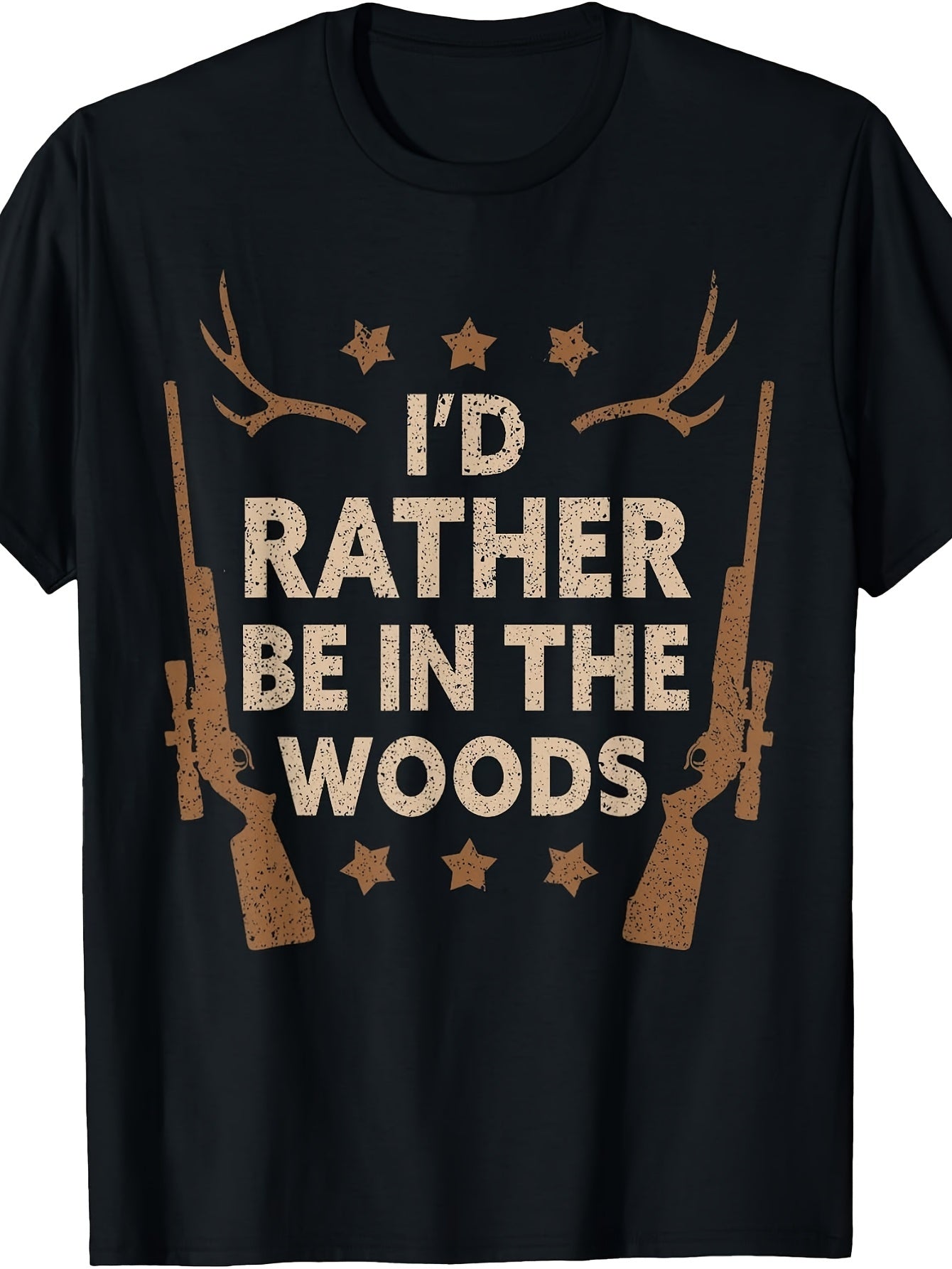 Men's And Women's T-Shirt, Vintage Hunting Graphic Tee, I'd Rather Be In The Woods with Rifles And Antlers Design, Outdoor Camping Fall Season