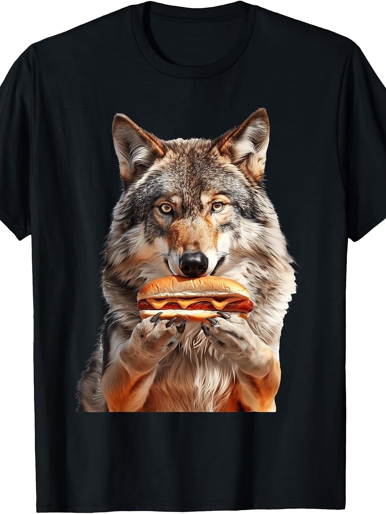 Men's And Women's T-Shirt, Funny Wolf Eating Hot Dog Graphic Tee, Casual Summer Wear