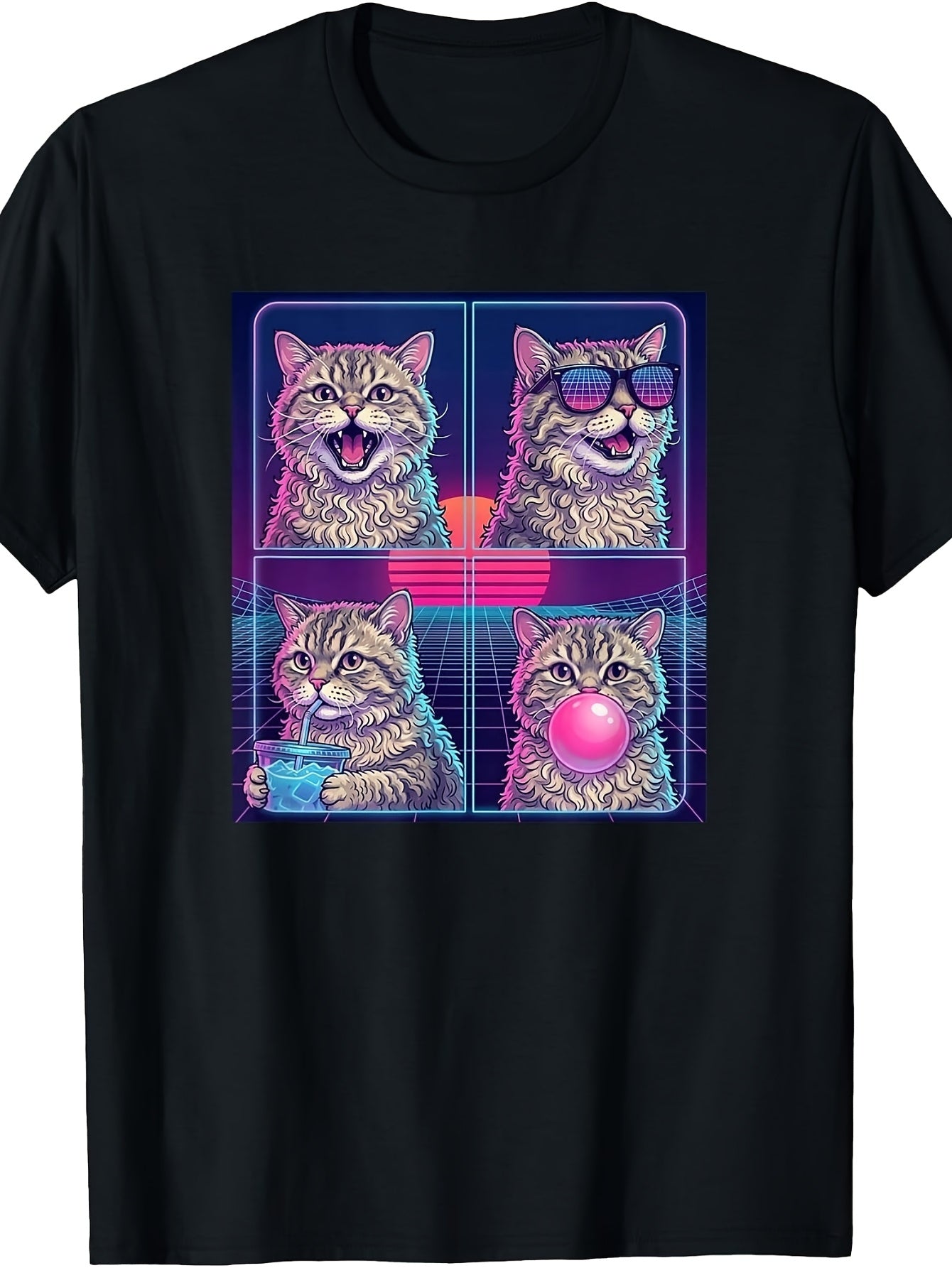 Retro Vaporwave Style, Men'S And Women'S T-Shirt, Four-Panel Neon Cat with Sunglasses And Bubblegum Design, Summer Casual Wear