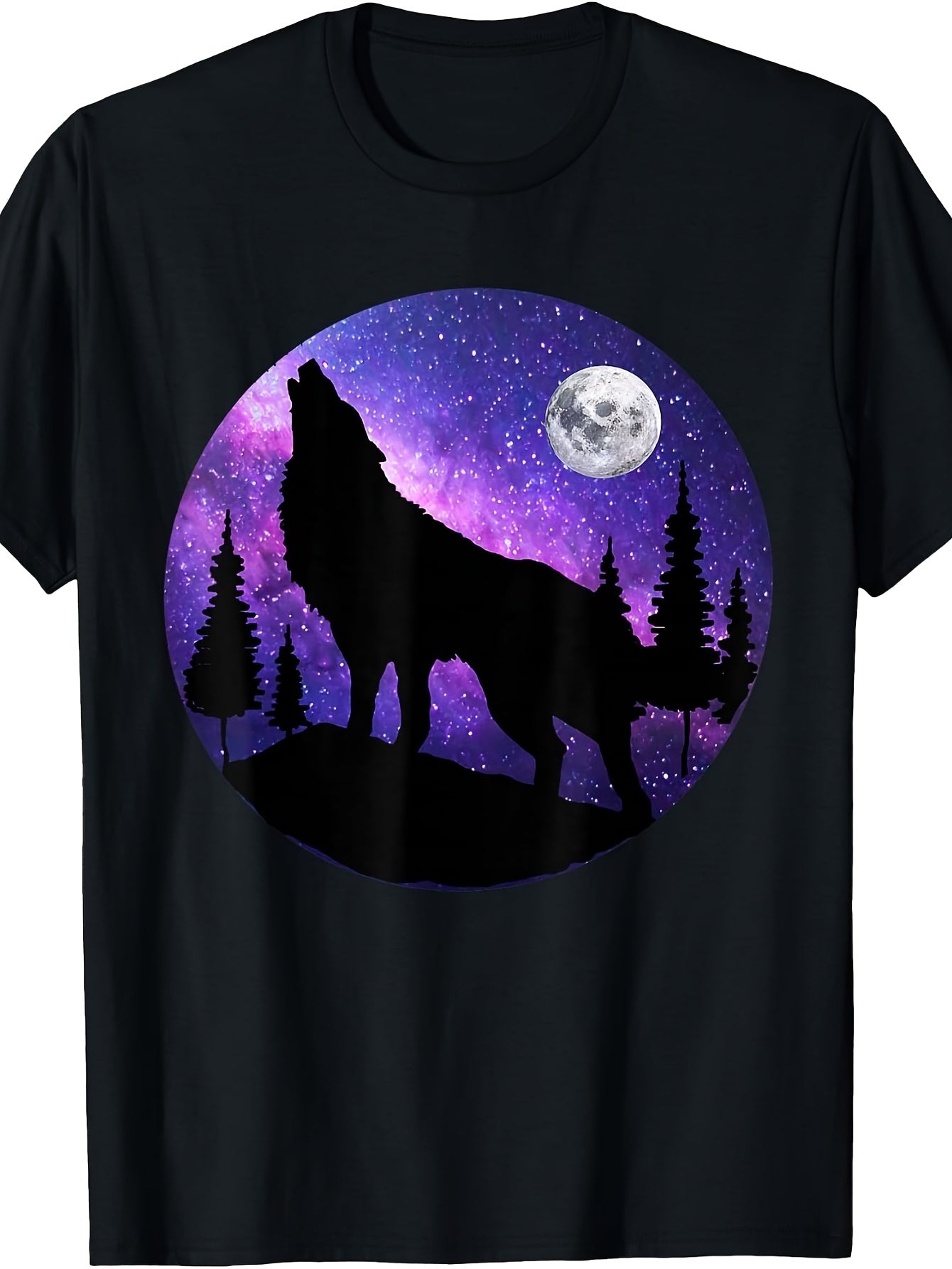 Howling Wolf Under The Full Moon with Purple Galaxy Sky T-Shirt