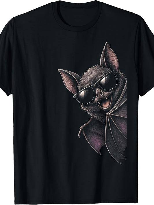 Cool Bat Wearing Fashion Glasses Graphic Tee, Men's And Women's T-Shirt, Funny Animal Design, Casual Summer Wear