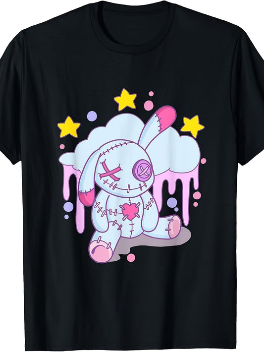 Kawaii Pastel Goth Style, Men'S And Women'S T-Shirt, Cute Stitched Bunny with Stars And Melting Clouds Design, Casual Wear Summer Spring