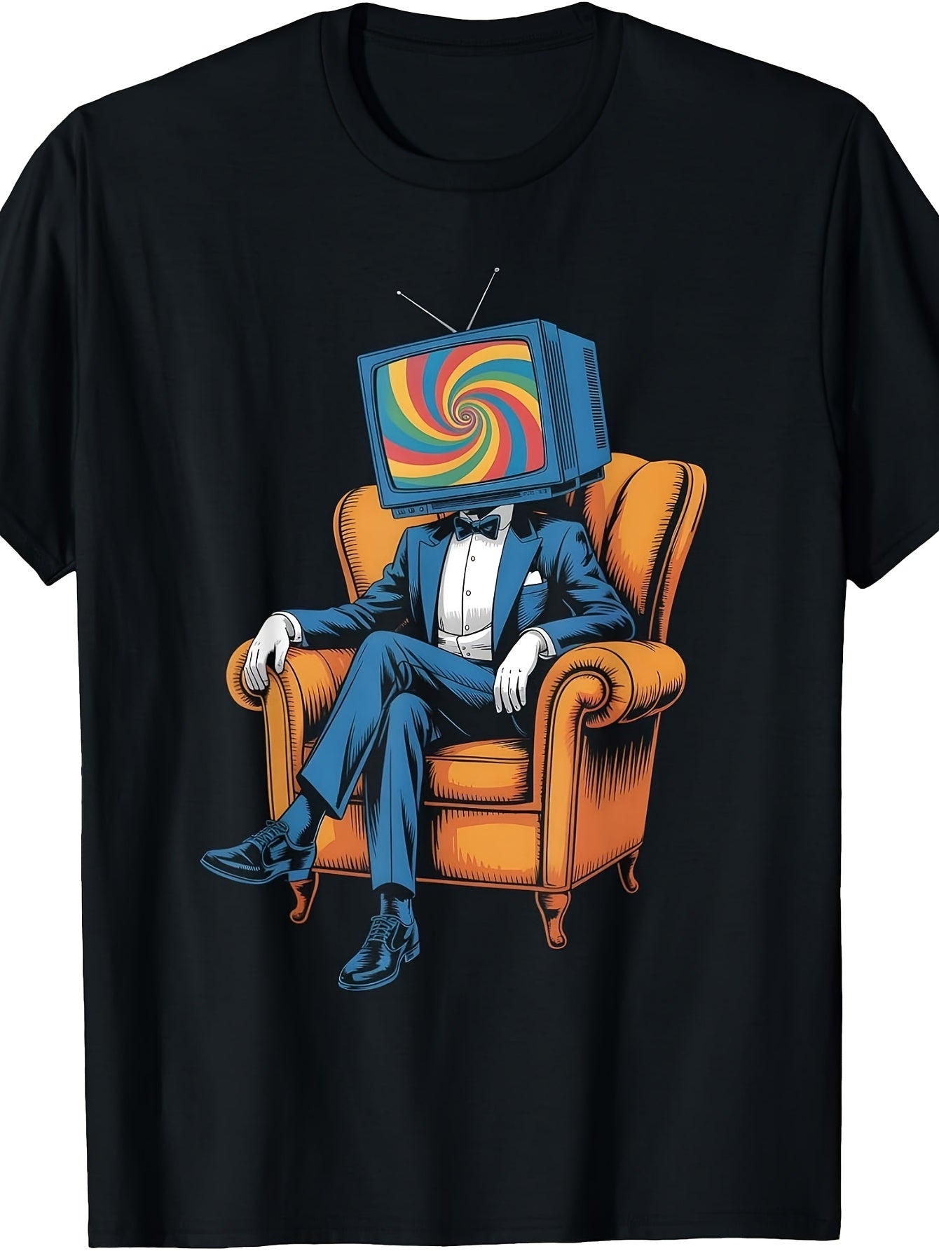 Retro Vintage Style, Men'S And Women'S T-Shirt, Man with Television Head Sitting in Armchair Psychedelic Screen Graphic, Casual Daily Wear Summer Spring Autumn