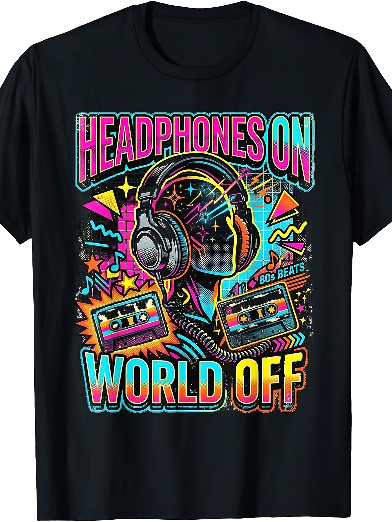 80s Synthwave Music Cassette Tape Headphones Graphic T-Shirt