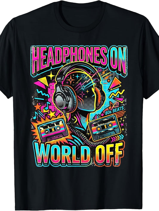 80s Synthwave Music Cassette Tape Headphones Graphic T-Shirt